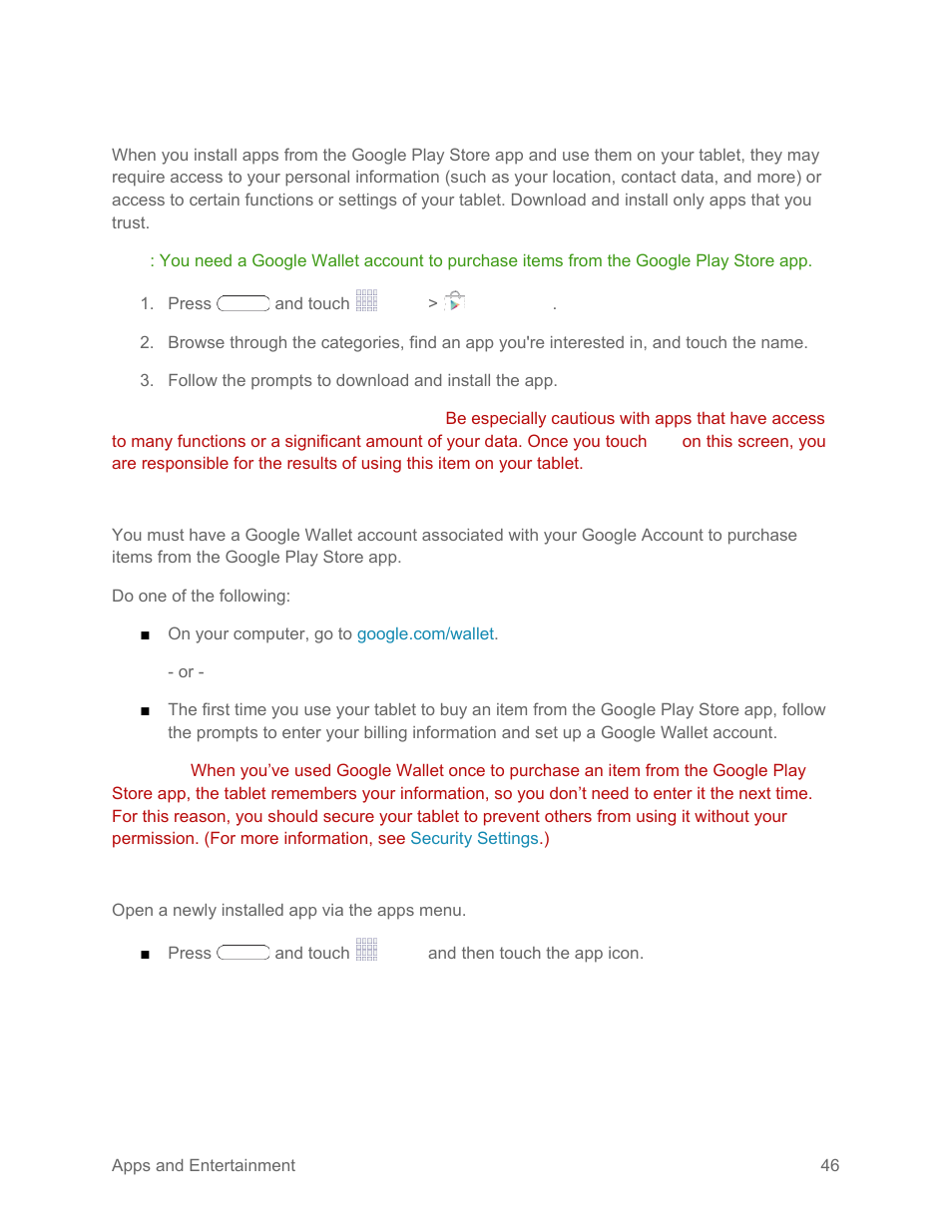 Find and install an app, Create a google wallet account, Open an installed app | Samsung SM-T217SZWASPR User Manual | Page 55 / 124