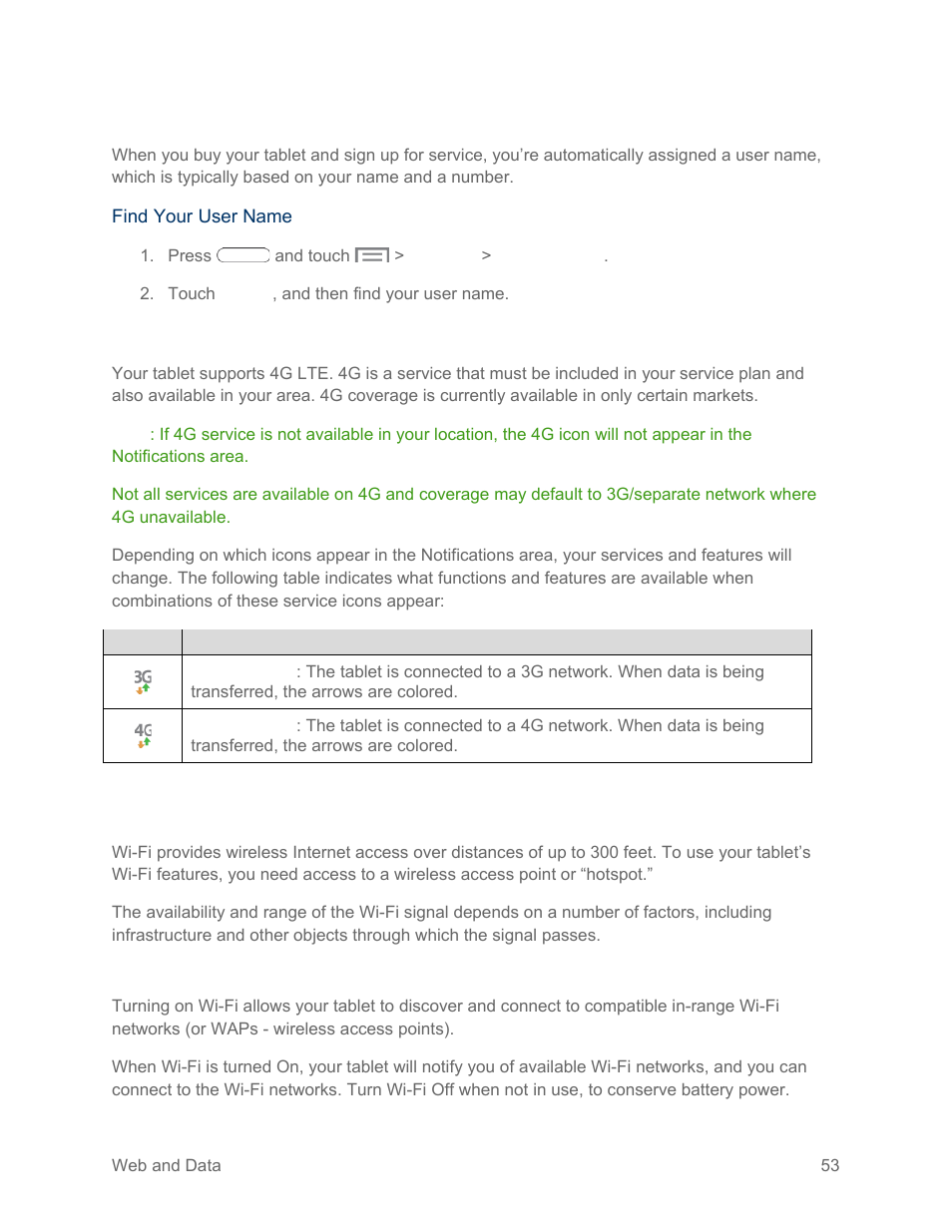 Your data services user name, 4g services, Wi-fi | Turn wi-fi on and connect to a wi-fi network | Samsung SM-T217SZWASPR User Manual | Page 62 / 124