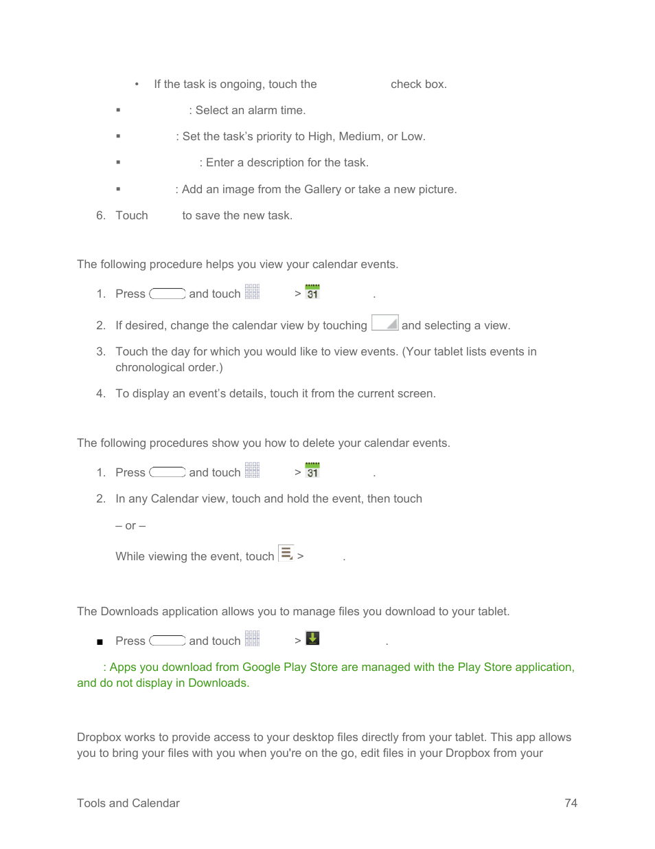 View events, Delete events, Downloads | Dropbox | Samsung SM-T217SZWASPR User Manual | Page 83 / 124