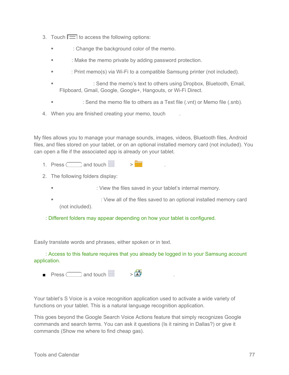 My files, S translator, S voice | Samsung SM-T217SZWASPR User Manual | Page 86 / 124