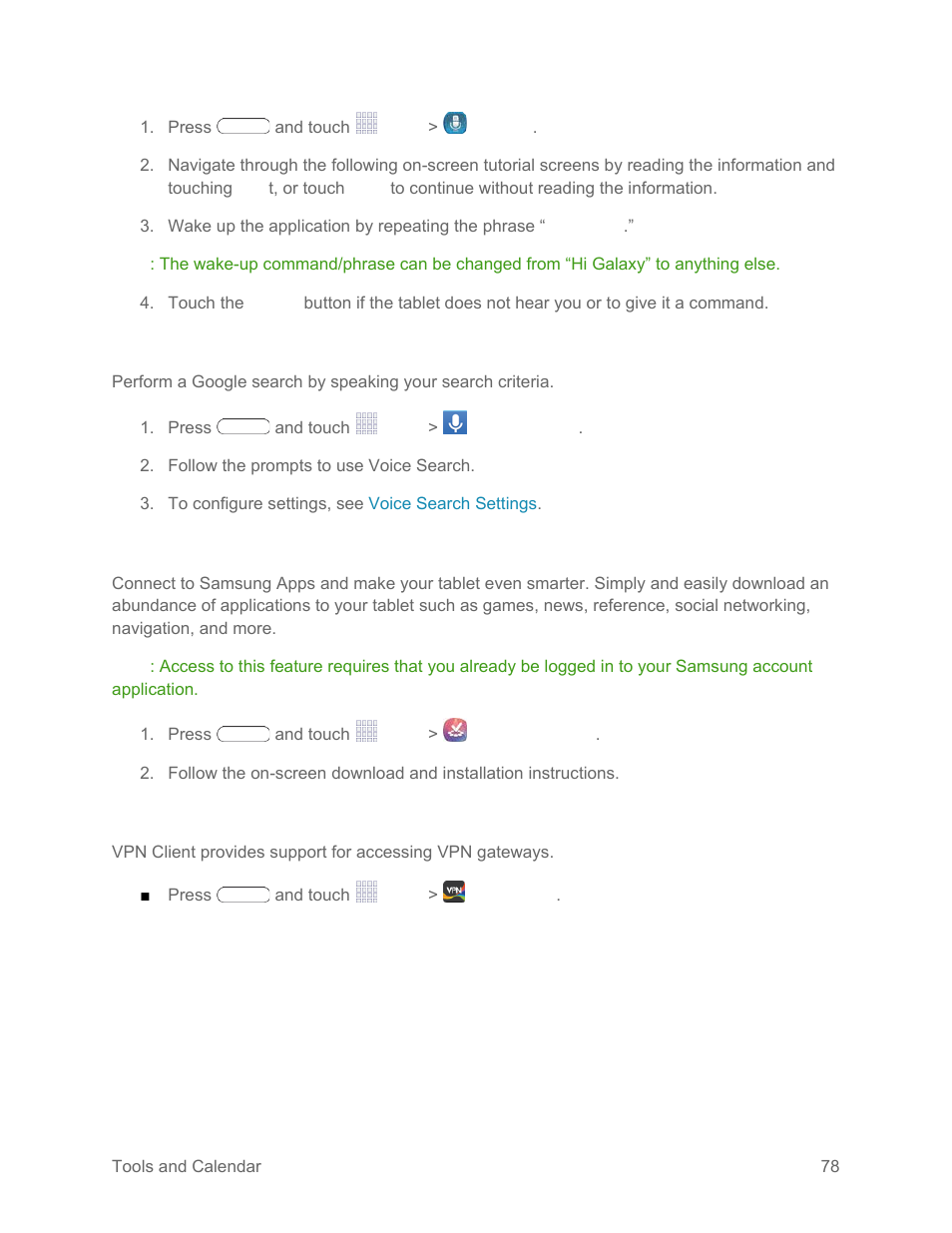 Voice search, Samsung apps, Vpn client | Samsung SM-T217SZWASPR User Manual | Page 87 / 124