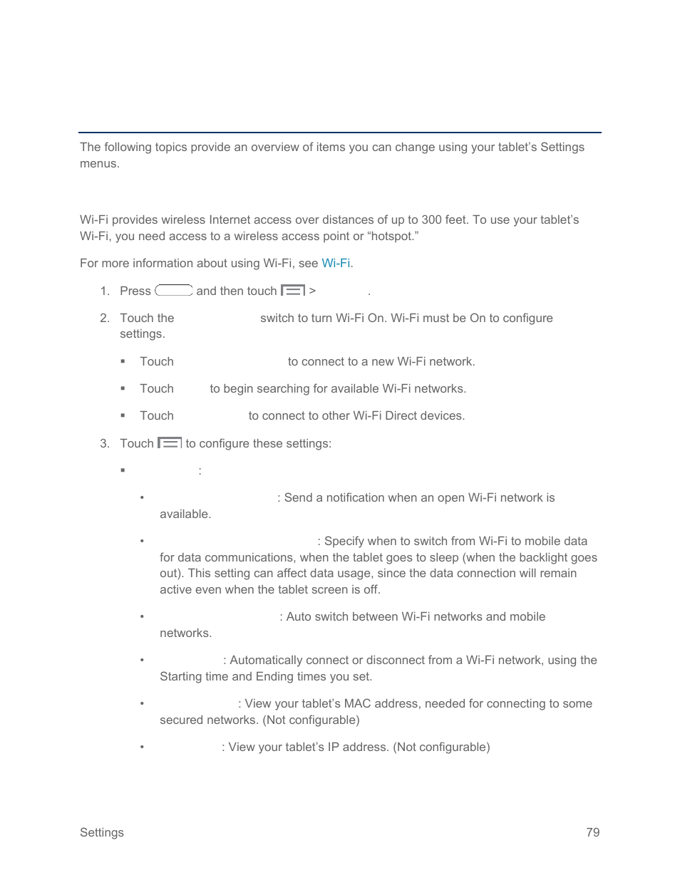 Settings, Wi-fi settings | Samsung SM-T217SZWASPR User Manual | Page 88 / 124