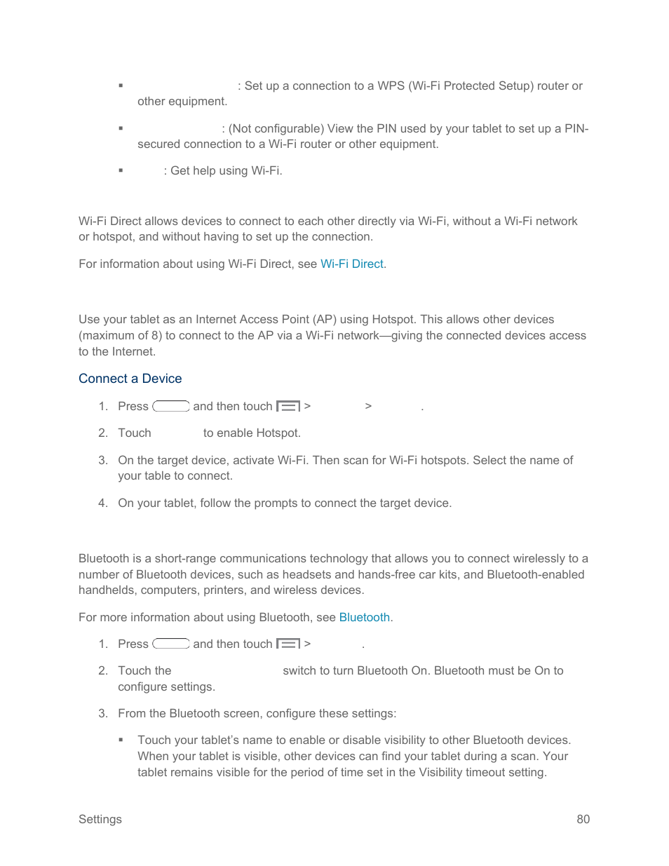 Wi-fi direct, Hotspot, Bluetooth settings | Samsung SM-T217SZWASPR User Manual | Page 89 / 124