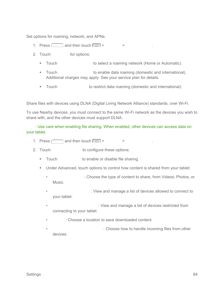 Roaming, Nearby devices | Samsung SM-T217SZWASPR User Manual | Page 93 / 124
