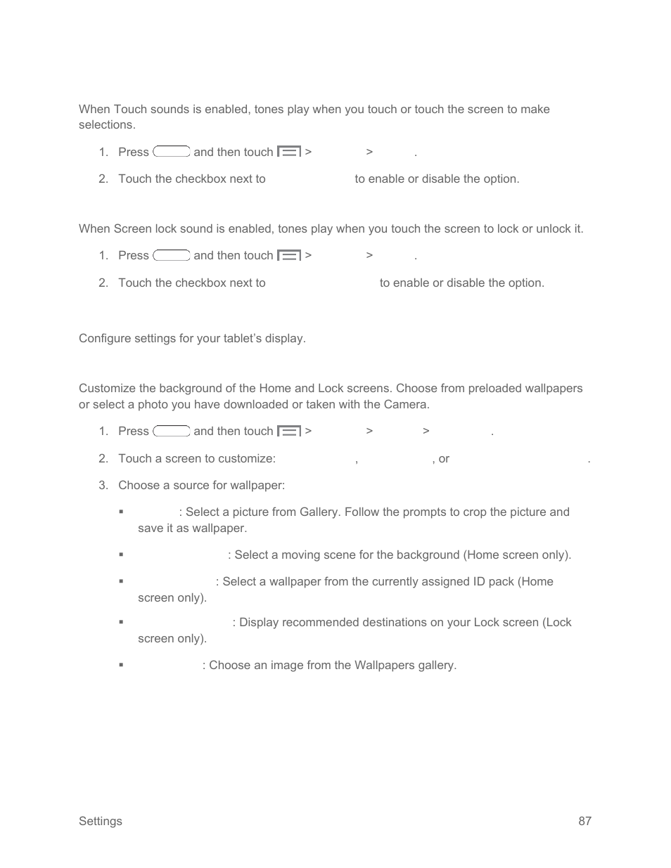 Touch sounds, Screen lock sound, Display settings | Wallpaper | Samsung SM-T217SZWASPR User Manual | Page 96 / 124