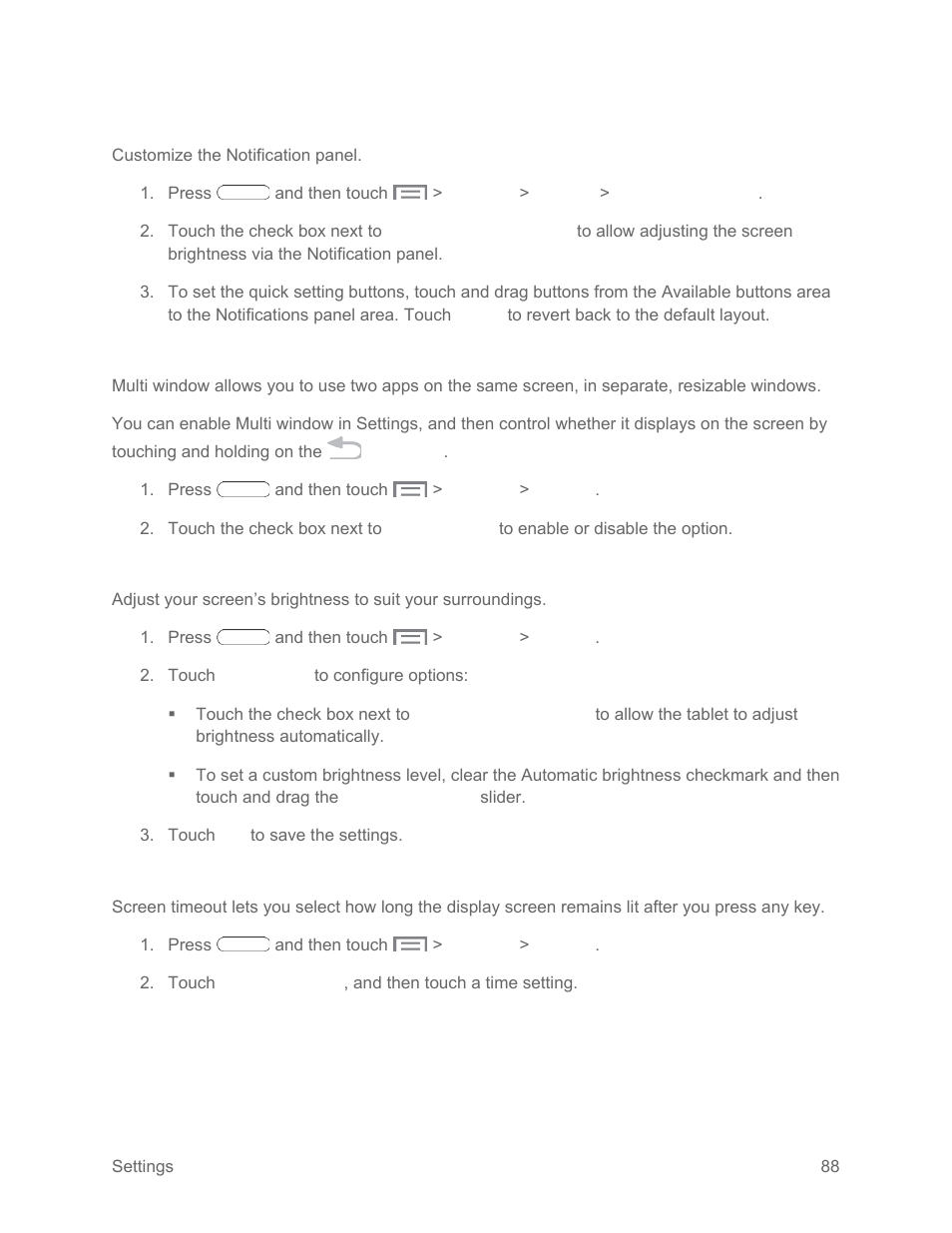 Notification panel, Multi window, Brightness | Screen timeout, Screen, Timeout | Samsung SM-T217SZWASPR User Manual | Page 97 / 124