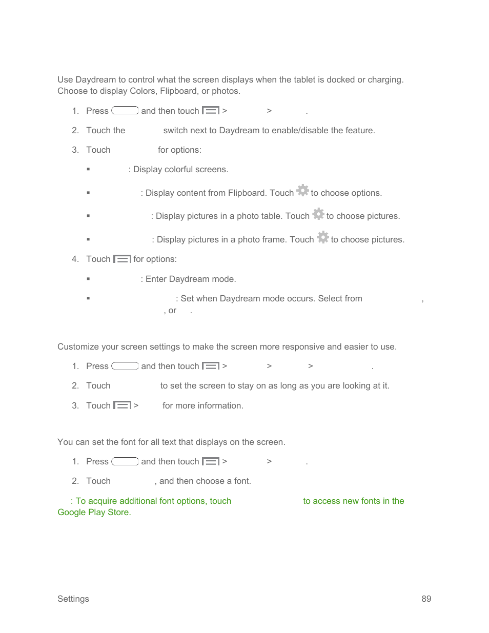 Daydream, Smart screen, Font style | Samsung SM-T217SZWASPR User Manual | Page 98 / 124
