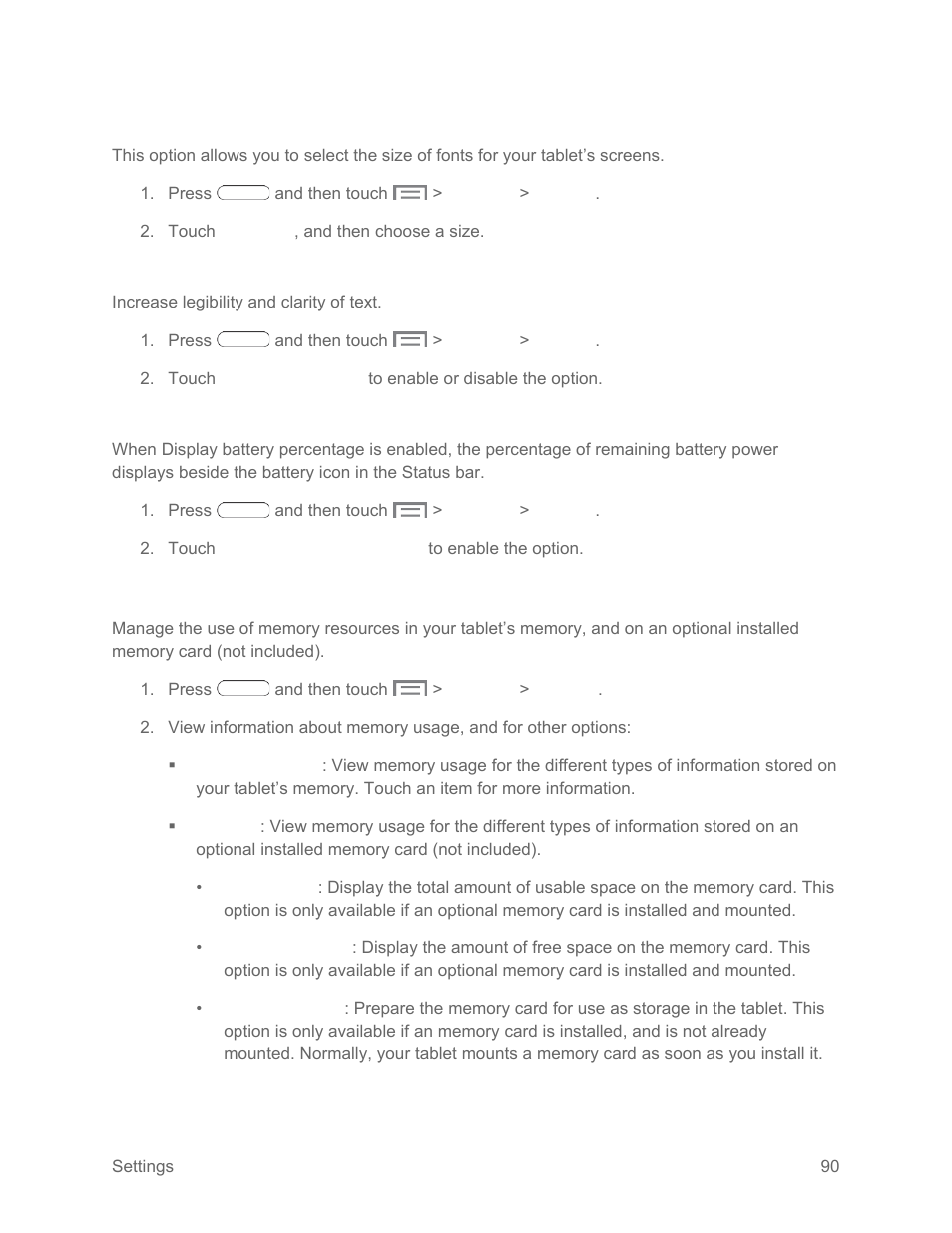 Font size, Increase legibility, Show battery percentage | Storage | Samsung SM-T217SZWASPR User Manual | Page 99 / 124