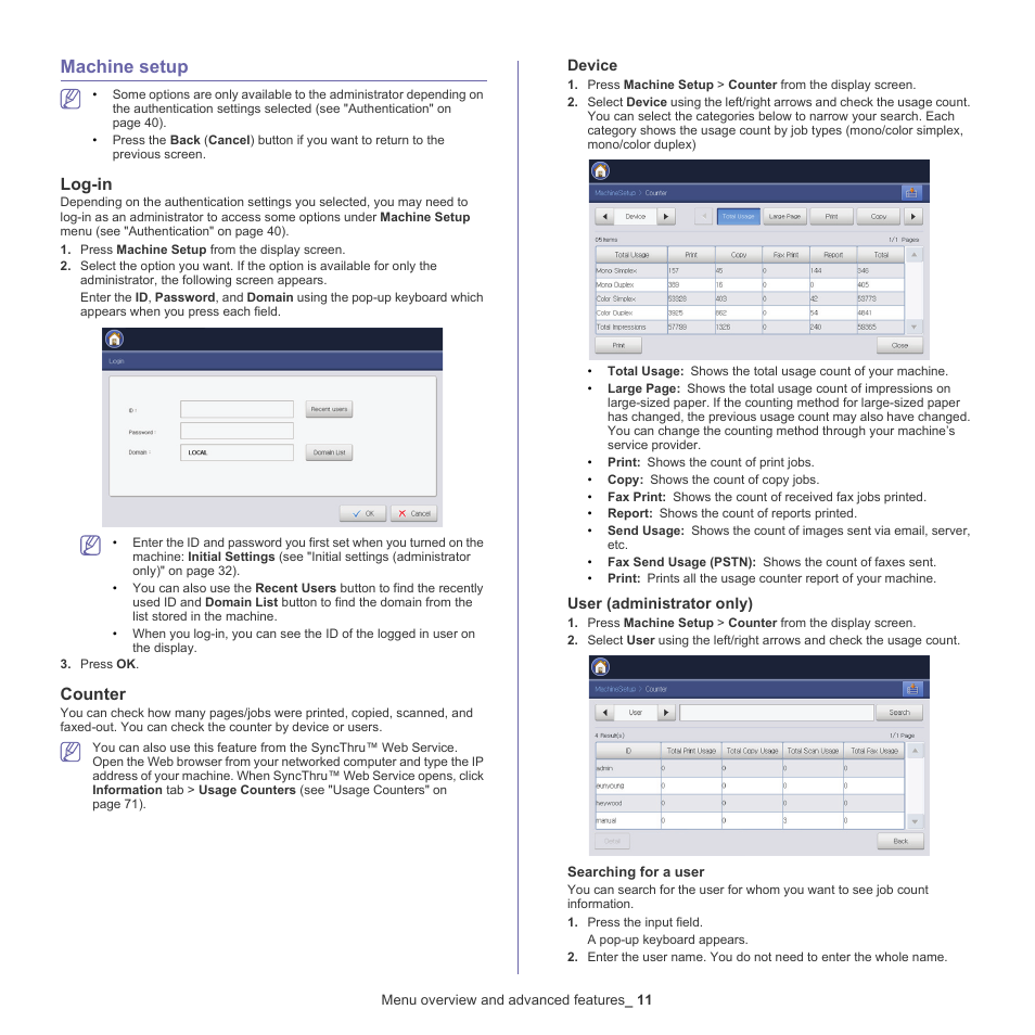 Machine setup, Log-in, Counter | Samsung CLX-9250ND-XAA User Manual | Page 11 / 129