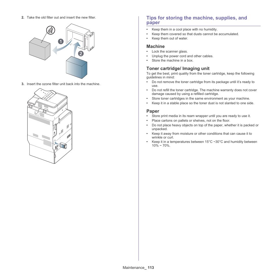 Tips for storing the machine, supplies, and paper, Machine, Toner cartridge/ imaging unit | Paper | Samsung CLX-9250ND-XAA User Manual | Page 113 / 129