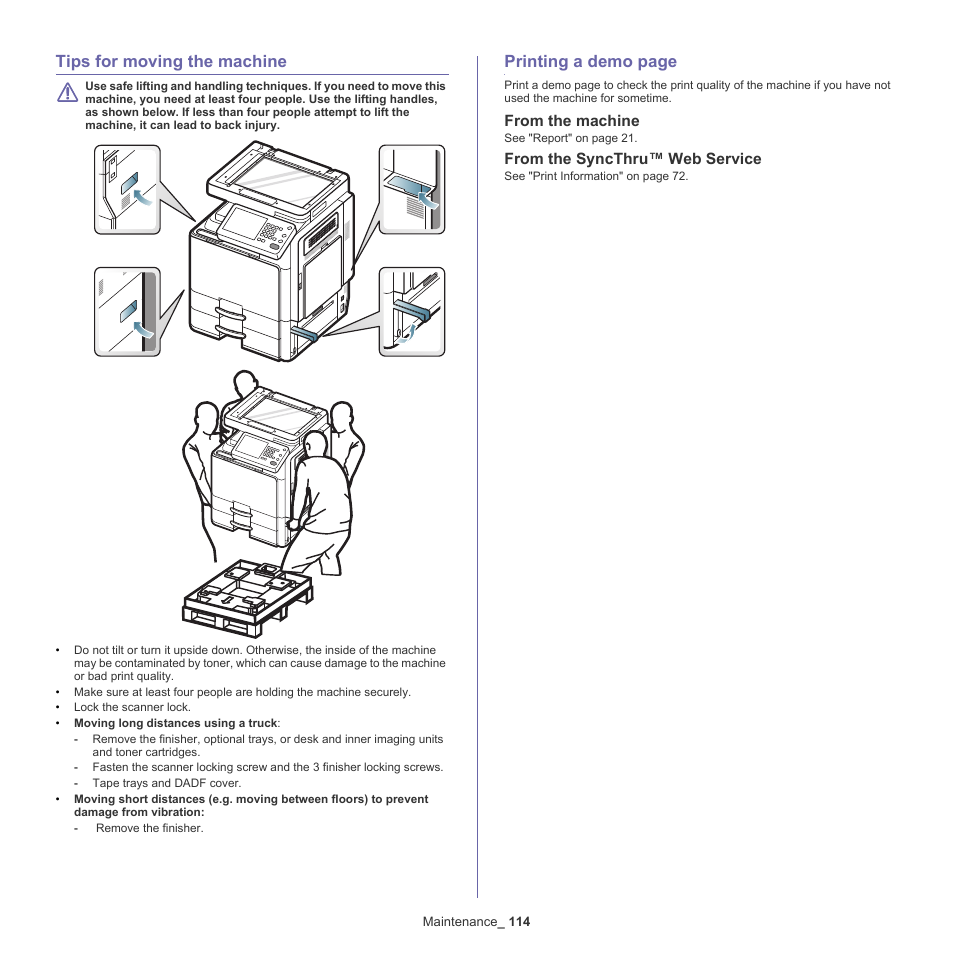 Tips for moving the machine, From the machine, From the syncthru™ web service | Printing a demo page | Samsung CLX-9250ND-XAA User Manual | Page 114 / 129