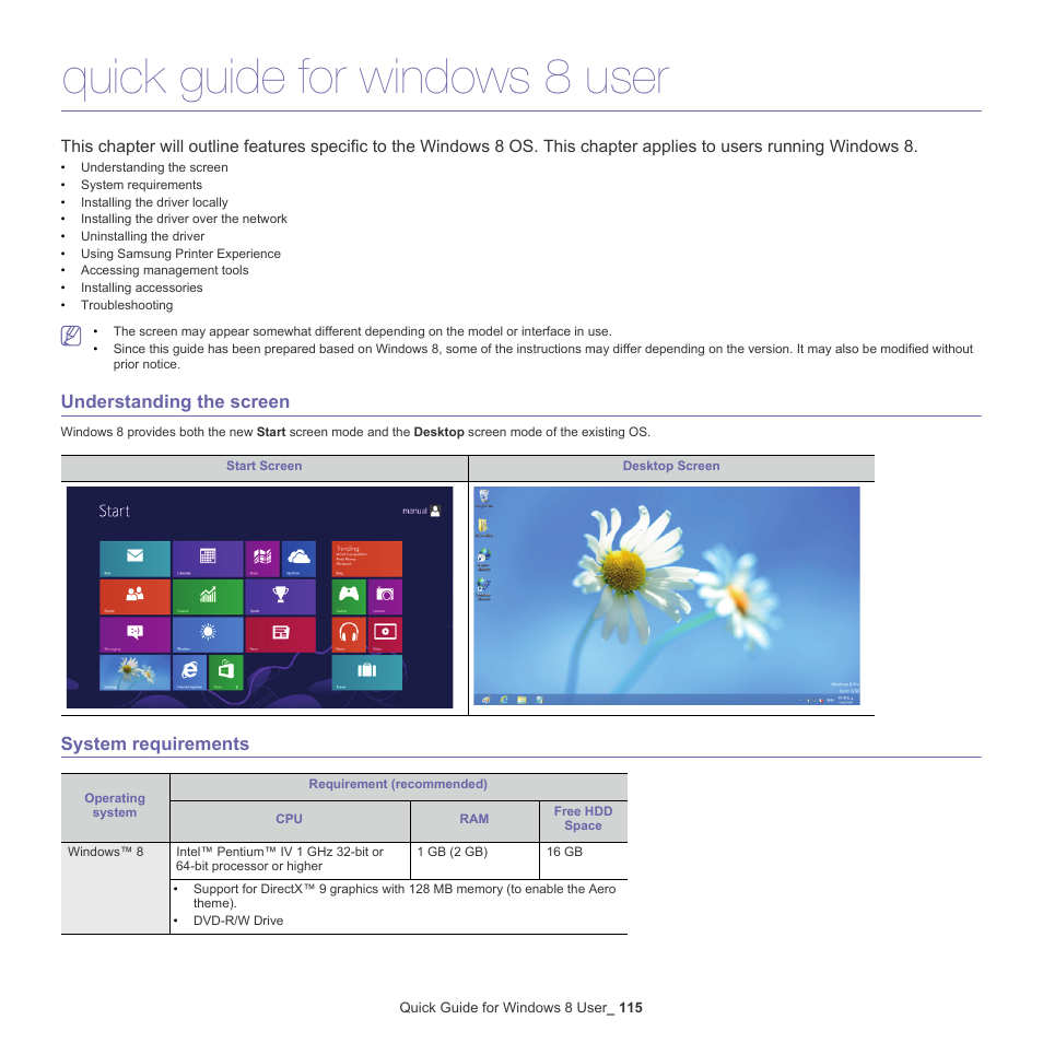 Quick guide for windows 8 user, Understanding the screen, System requirements | Samsung CLX-9250ND-XAA User Manual | Page 115 / 129