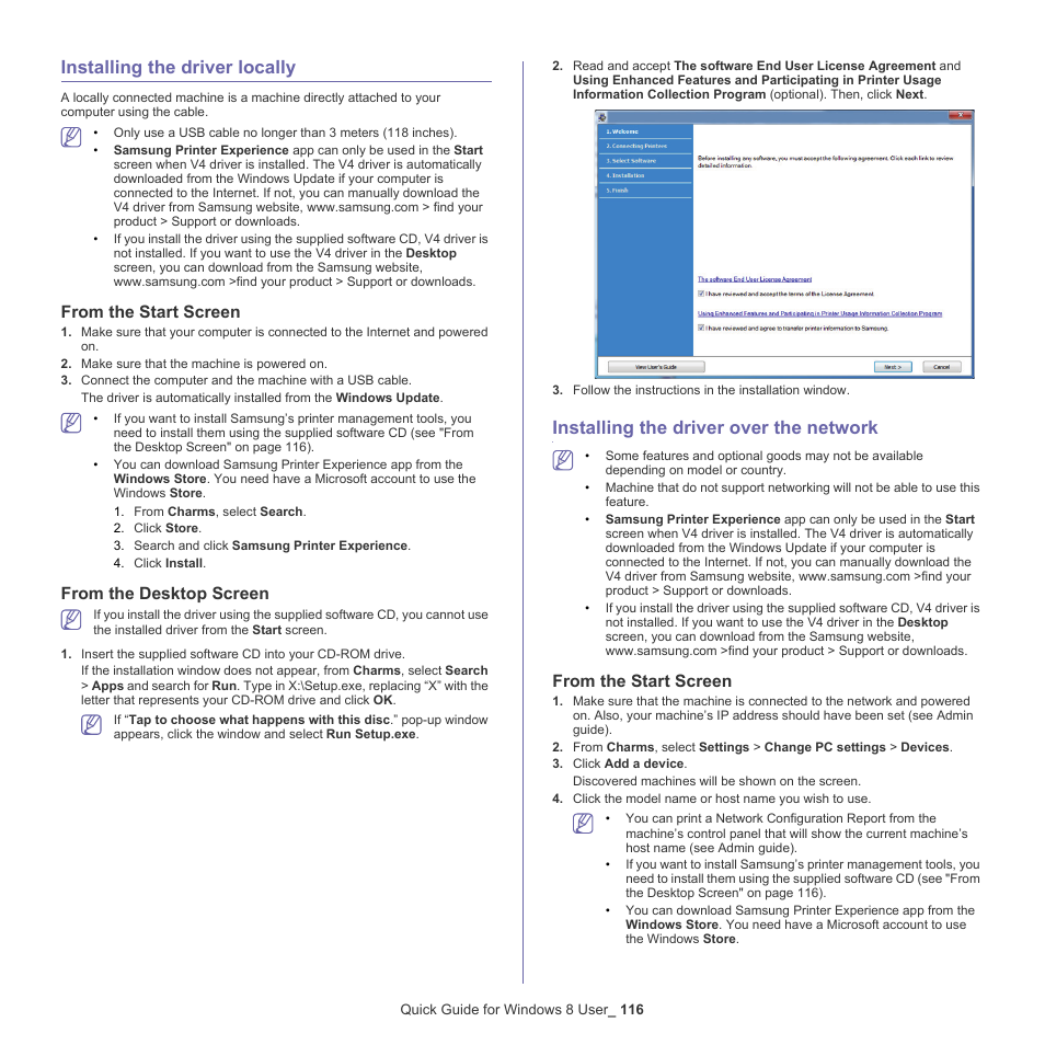 Installing the driver locally, From the start screen, From the desktop screen | Installing the driver over the network | Samsung CLX-9250ND-XAA User Manual | Page 116 / 129