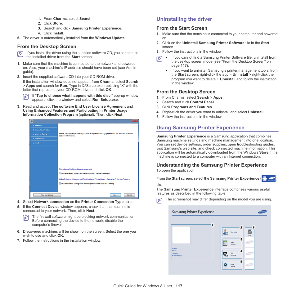 From the desktop screen, Uninstalling the driver, From the start screen | Using samsung printer experience, Understanding the samsung printer experience | Samsung CLX-9250ND-XAA User Manual | Page 117 / 129