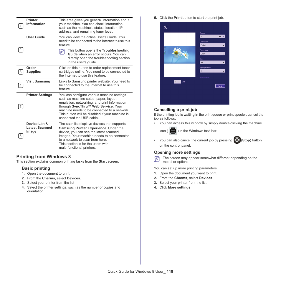 Printing from windows 8, Basic printing, Cancelling a print job | Opening more settings | Samsung CLX-9250ND-XAA User Manual | Page 118 / 129