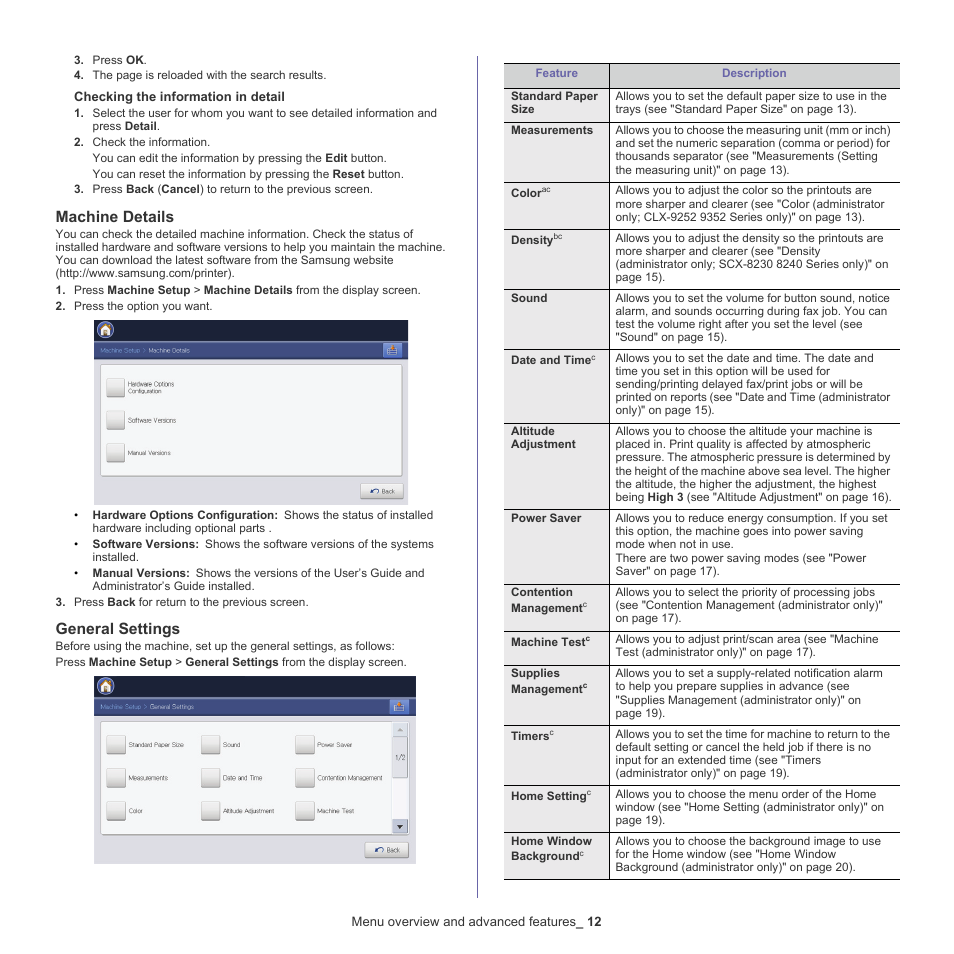 Machine details, General settings | Samsung CLX-9250ND-XAA User Manual | Page 12 / 129