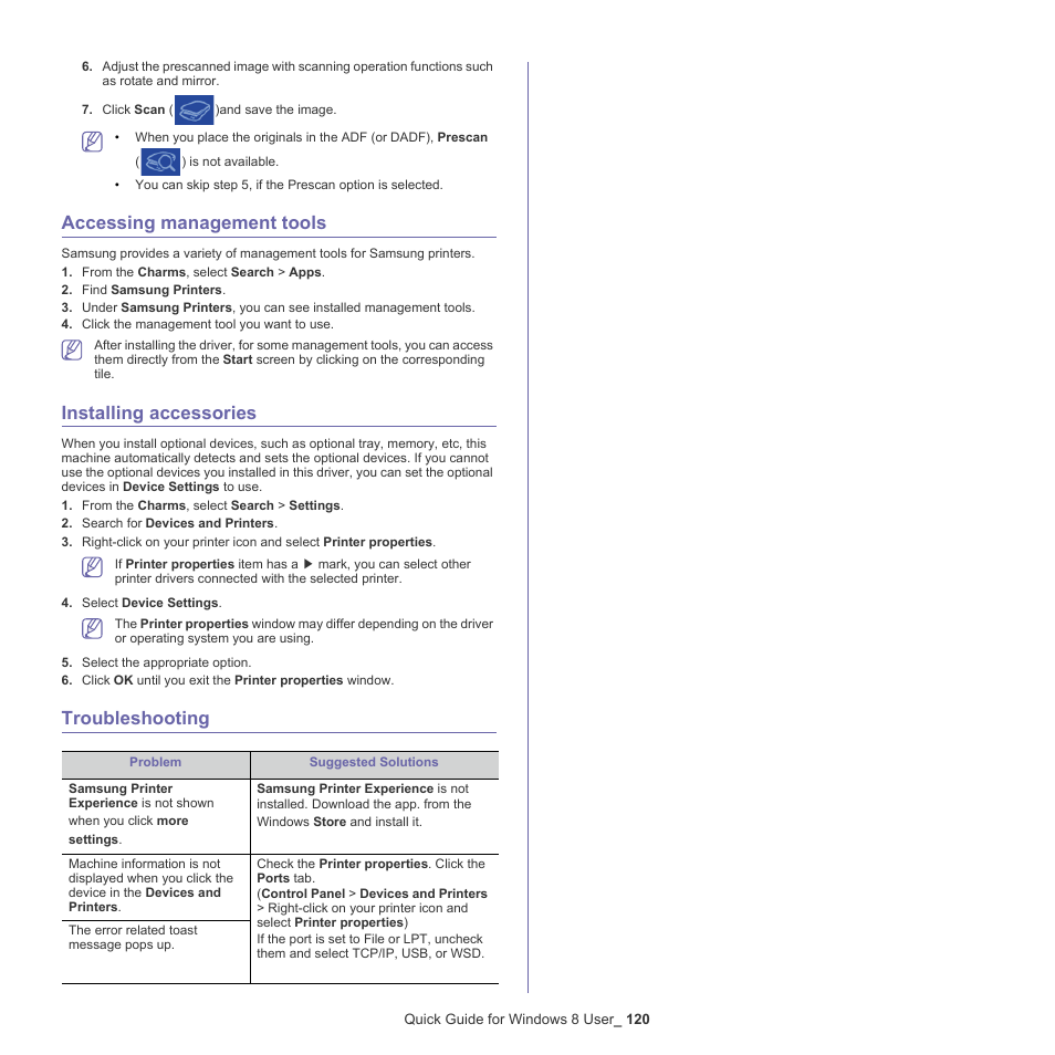 Accessing management tools, Installing accessories, Troubleshooting | Samsung CLX-9250ND-XAA User Manual | Page 120 / 129