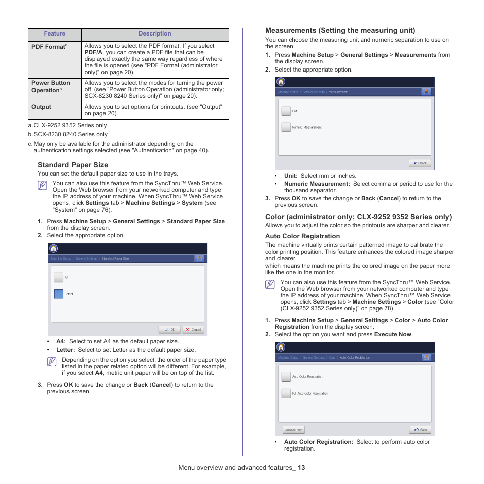 Measurements (setting, Color (administrator | Samsung CLX-9250ND-XAA User Manual | Page 13 / 129