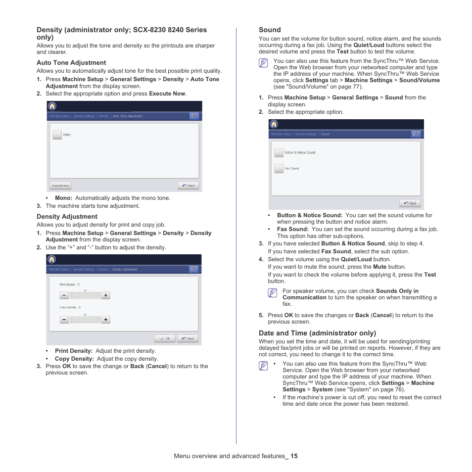 Density, Administrator only; scx-8230 8240 series only)" on, Date and time (administrator | Samsung CLX-9250ND-XAA User Manual | Page 15 / 129