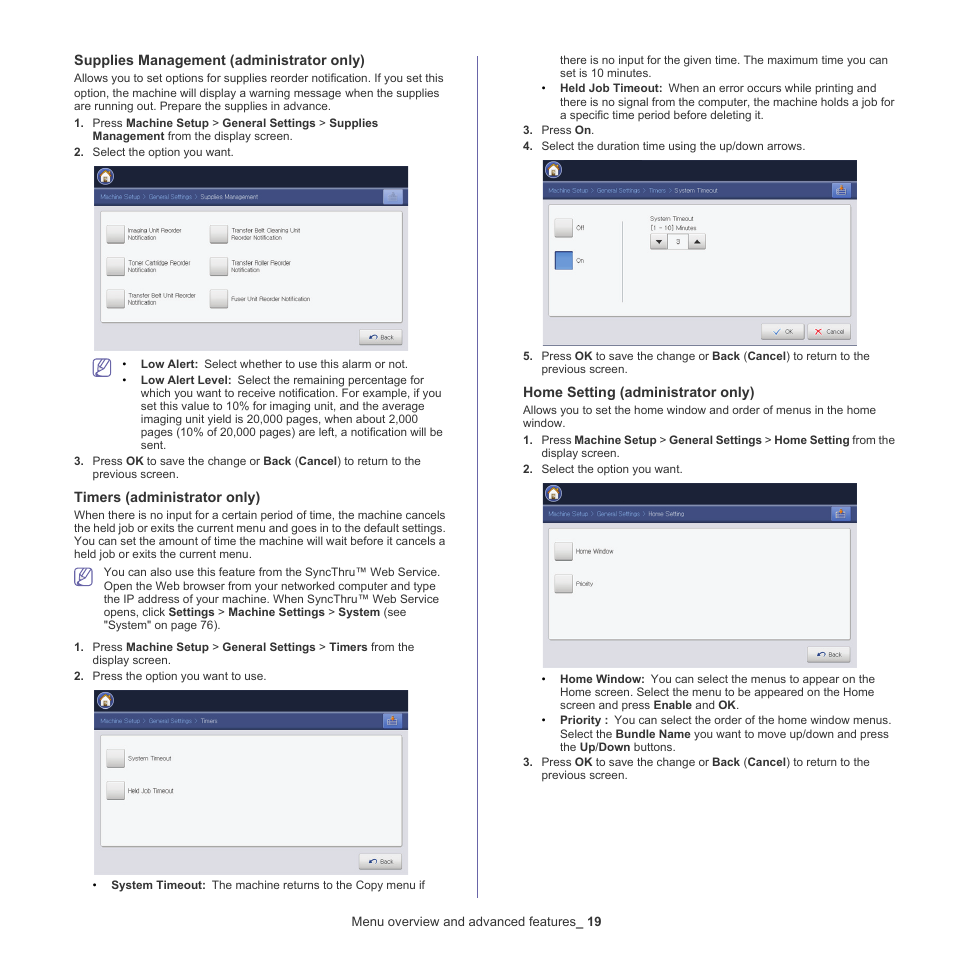 Supplies management (administrator only)" on, Timers, Dow (see "home setting (administrator only)" on | Samsung CLX-9250ND-XAA User Manual | Page 19 / 129