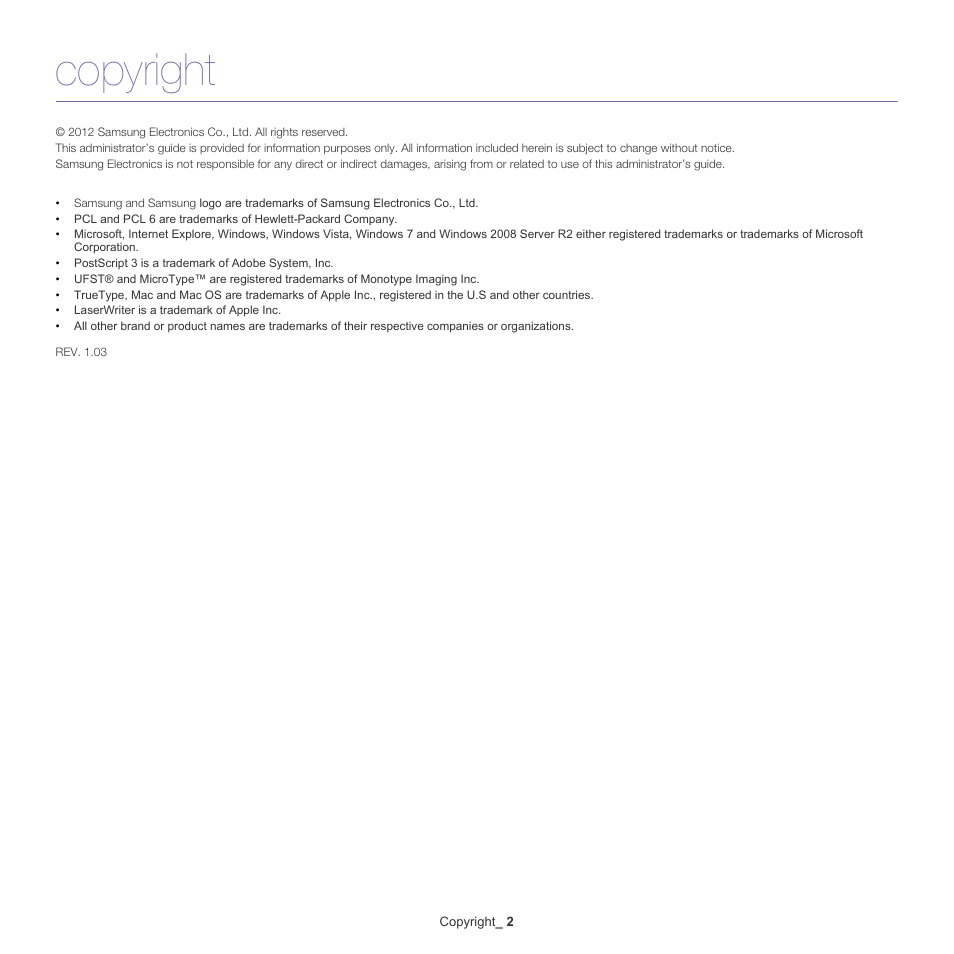 Copyright | Samsung CLX-9250ND-XAA User Manual | Page 2 / 129