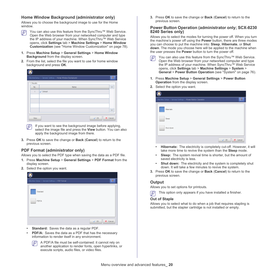 Home window, Pdf format (administrator, Output | Samsung CLX-9250ND-XAA User Manual | Page 20 / 129