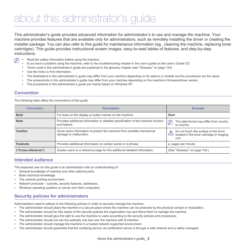 About this administrator’s guide, Convention, Intended audience | Security policies for administrators | Samsung CLX-9250ND-XAA User Manual | Page 3 / 129