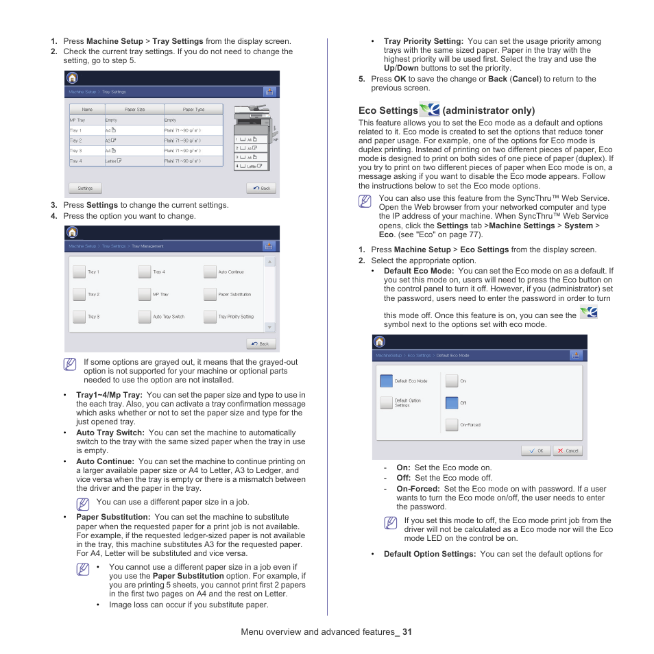 Eco settings (administrator only)" on, Ng resources (see "eco settings | Samsung CLX-9250ND-XAA User Manual | Page 31 / 129