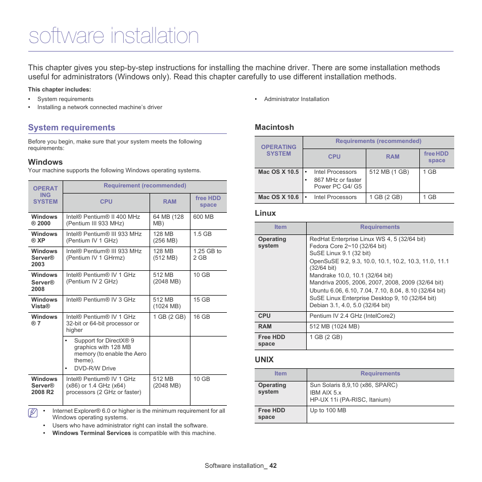 Software installation, System requirements, Windows | Macintosh, Linux, Unix, Macintosh linux unix | Samsung CLX-9250ND-XAA User Manual | Page 42 / 129