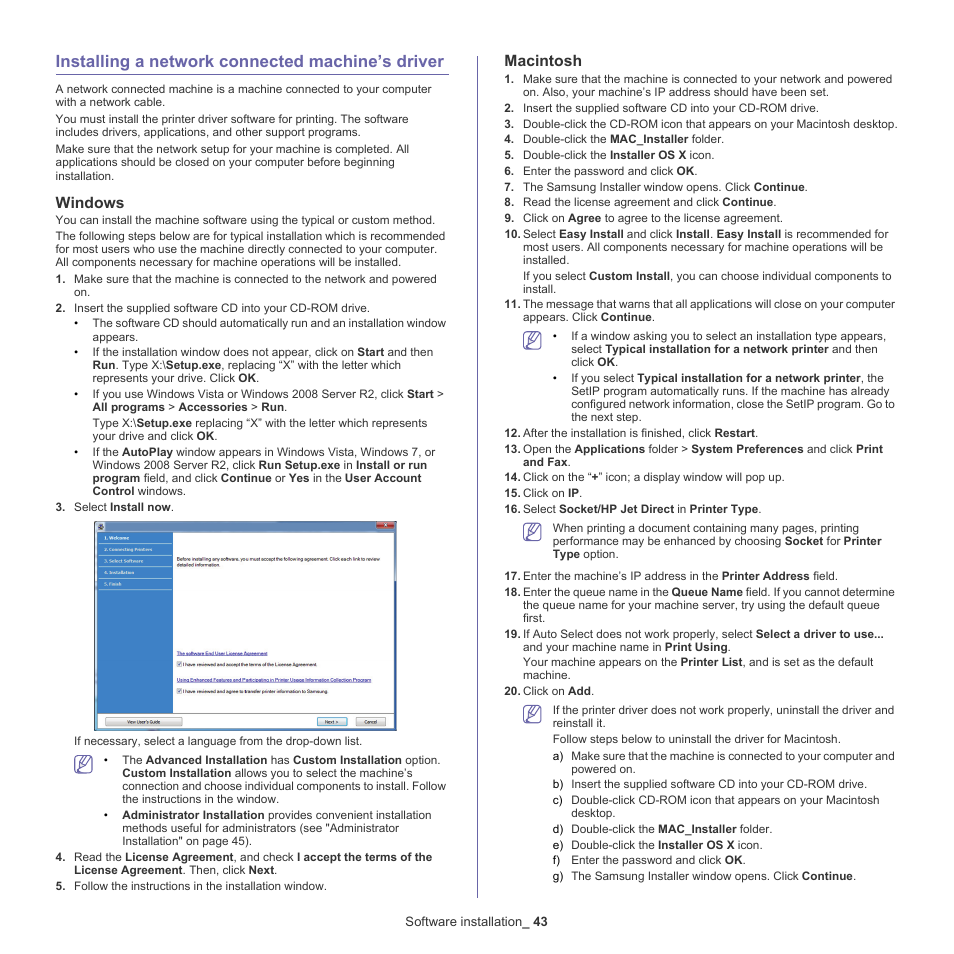 Installing a network connected machine’s driver, Windows, Macintosh | Samsung CLX-9250ND-XAA User Manual | Page 43 / 129