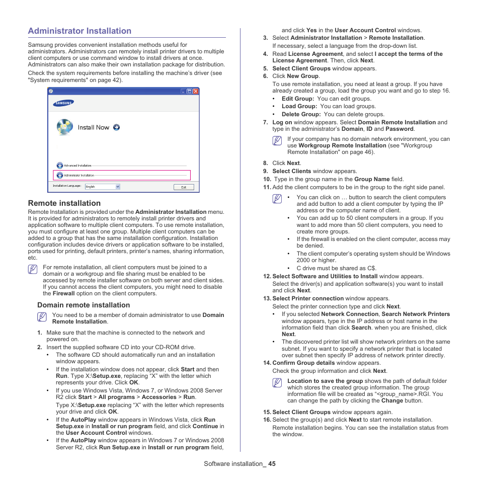 Administrator installation, Remote installation | Samsung CLX-9250ND-XAA User Manual | Page 45 / 129