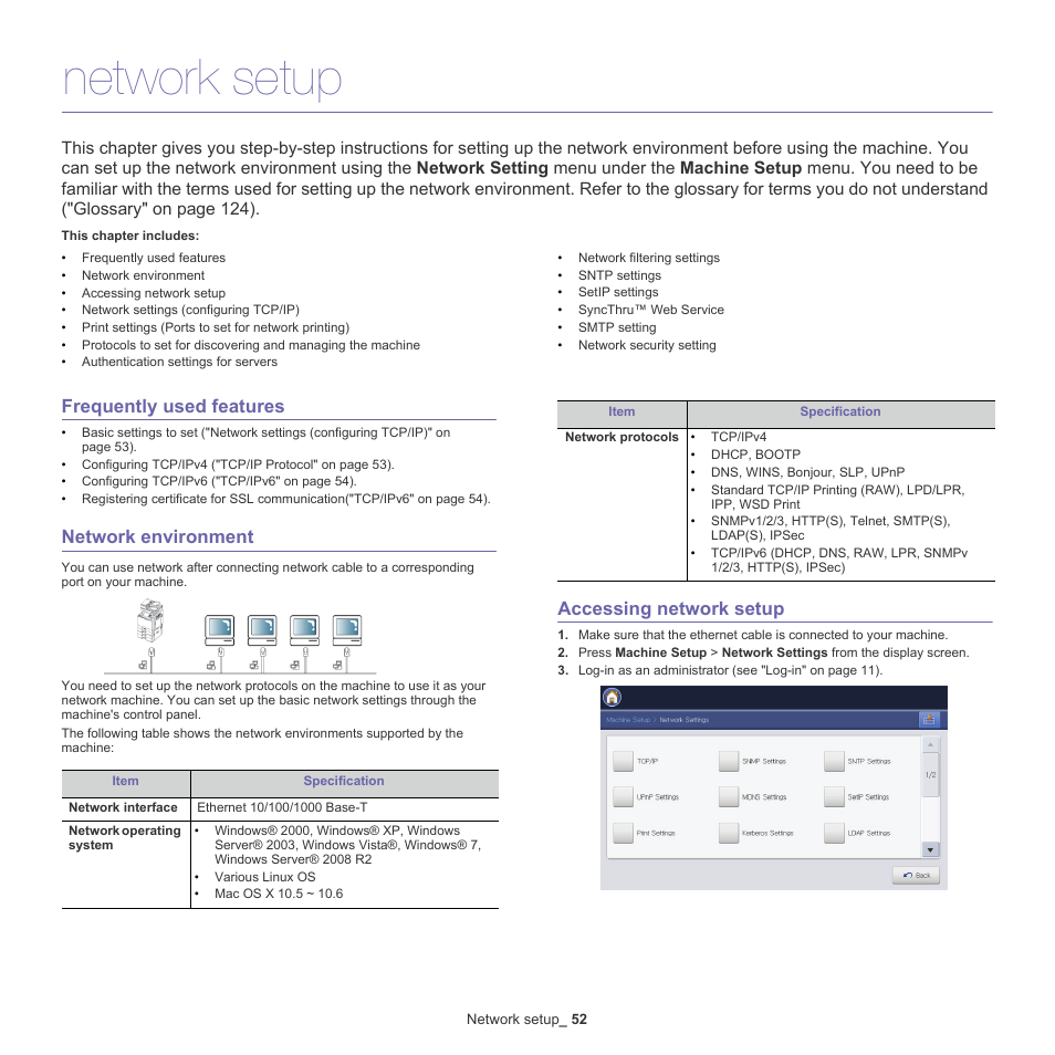Network setup, Frequently used features, Network environment | Accessing network setup | Samsung CLX-9250ND-XAA User Manual | Page 52 / 129