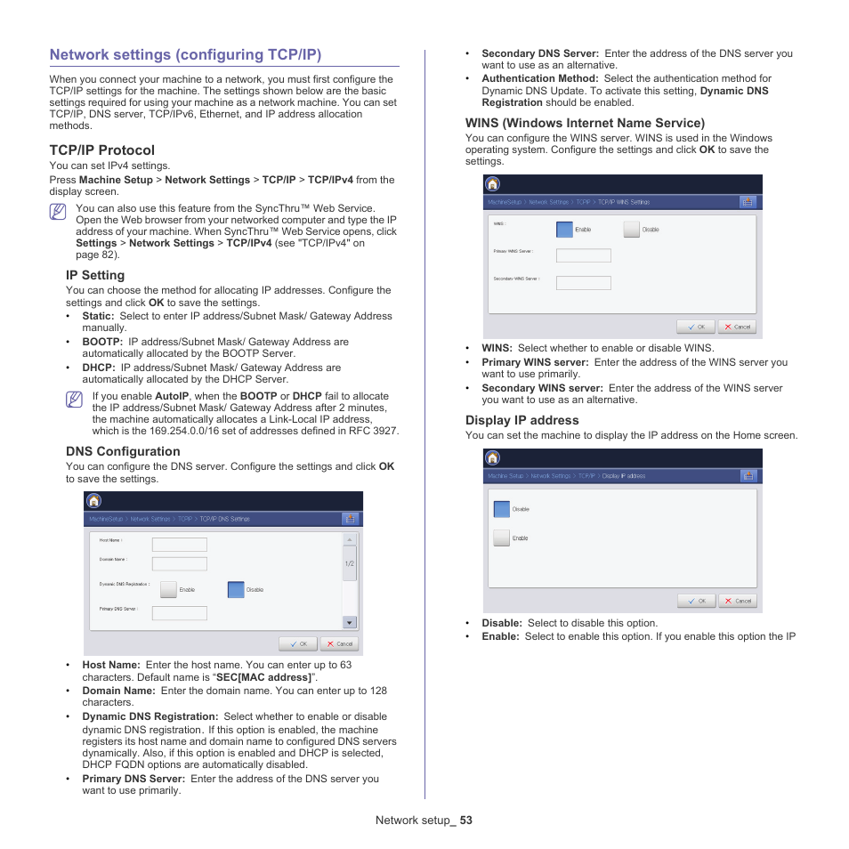 Network settings (configuring tcp/ip), Tcp/ip protocol, Ngs (see "network | Set ("network settings (configuring tcp/ip)" on | Samsung CLX-9250ND-XAA User Manual | Page 53 / 129