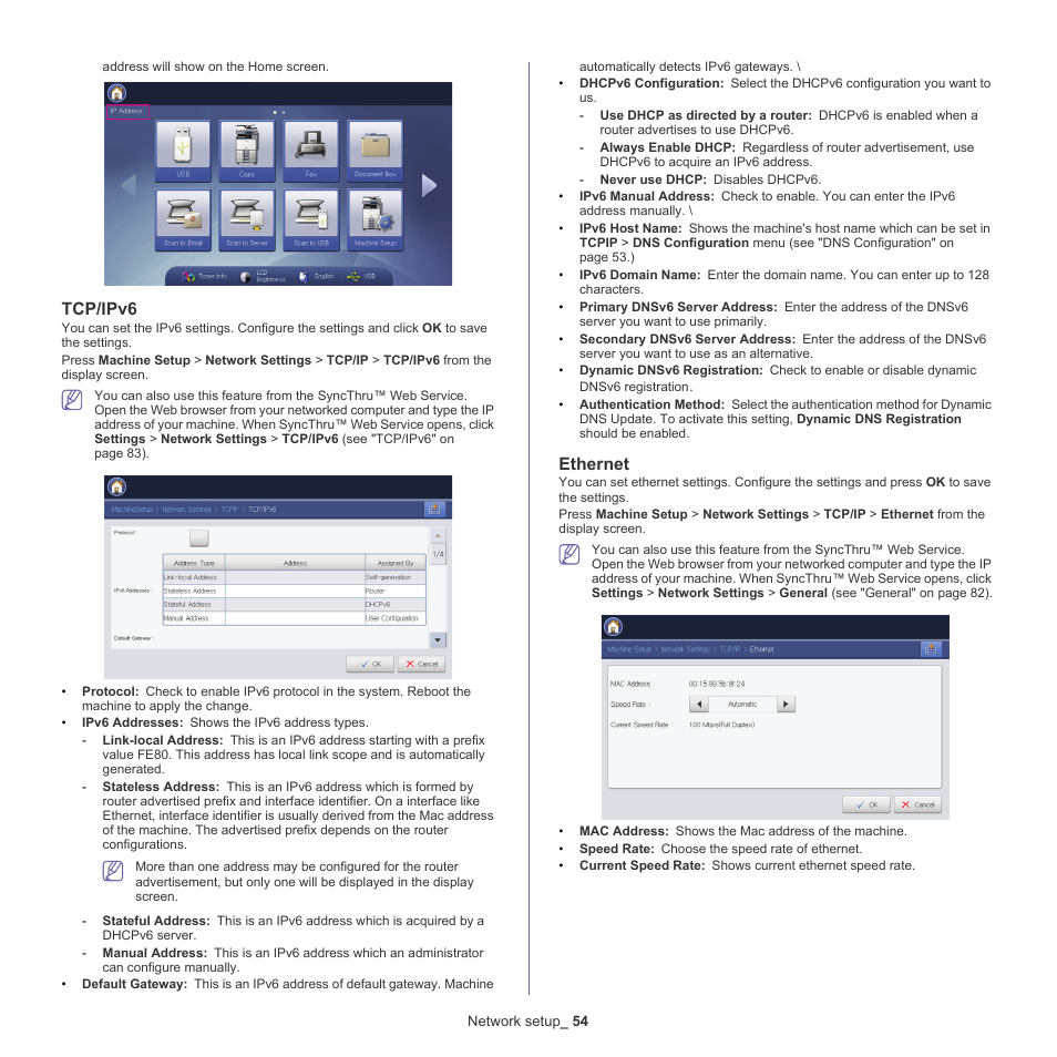 Tcp/ipv6, Ethernet | Samsung CLX-9250ND-XAA User Manual | Page 54 / 129