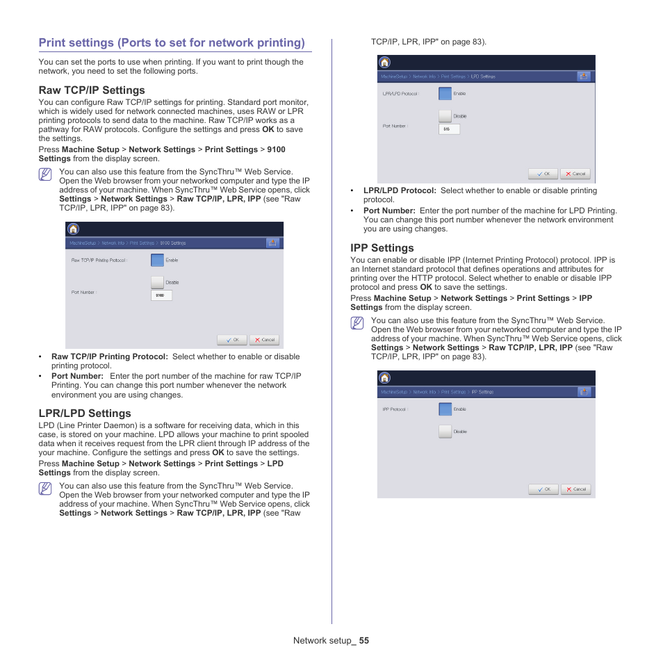 Print settings (ports to set for network printing), Raw tcp/ip settings, Lpr/lpd settings | Ipp settings | Samsung CLX-9250ND-XAA User Manual | Page 55 / 129