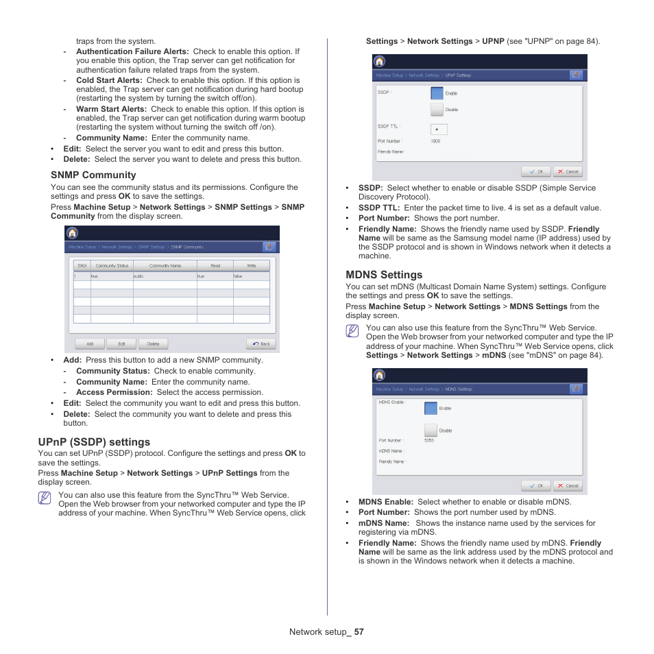 Upnp (ssdp) settings, Mdns settings, Upnp (ssdp) | Mdns | Samsung CLX-9250ND-XAA User Manual | Page 57 / 129