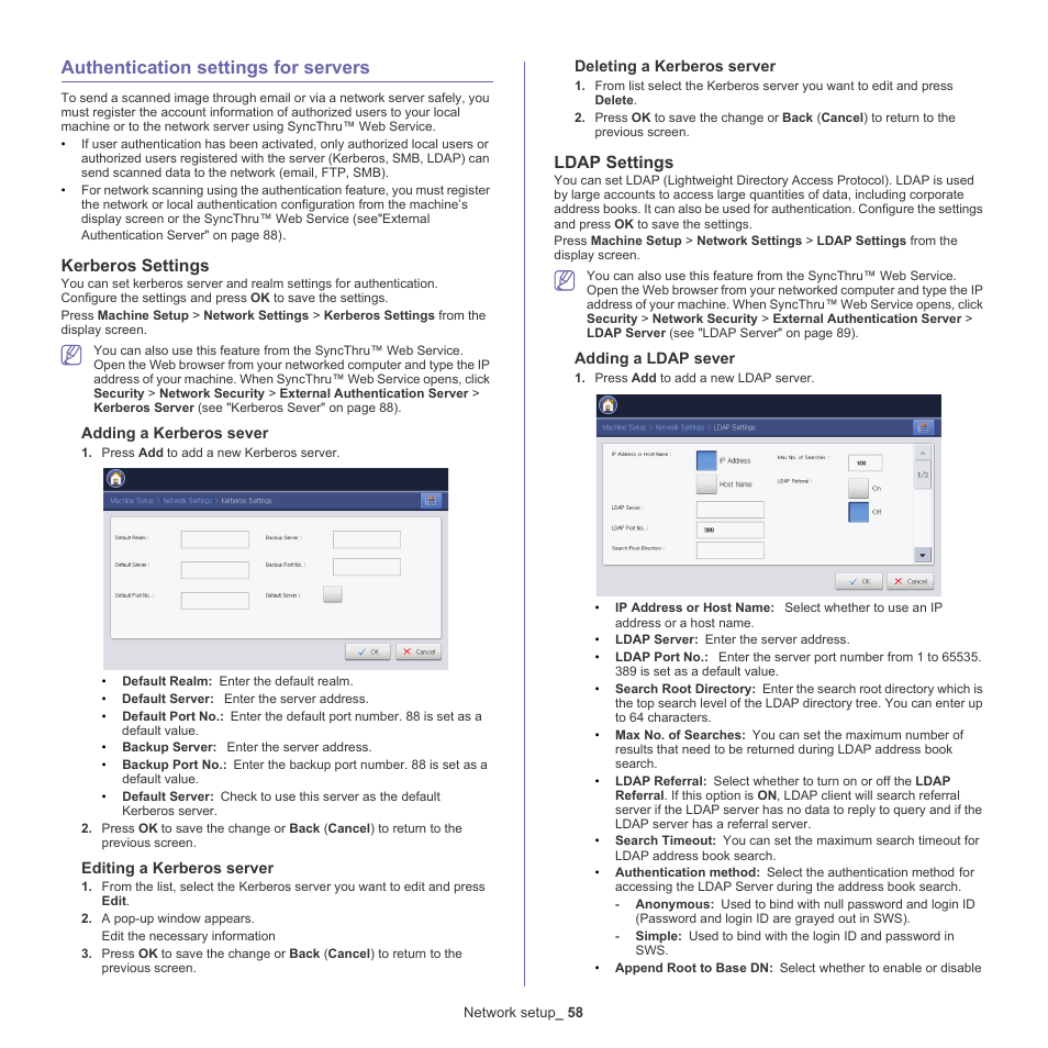 Authentication settings for servers, Kerberos settings, Ldap settings | S (see "kerberos, See "ldap settings | Samsung CLX-9250ND-XAA User Manual | Page 58 / 129