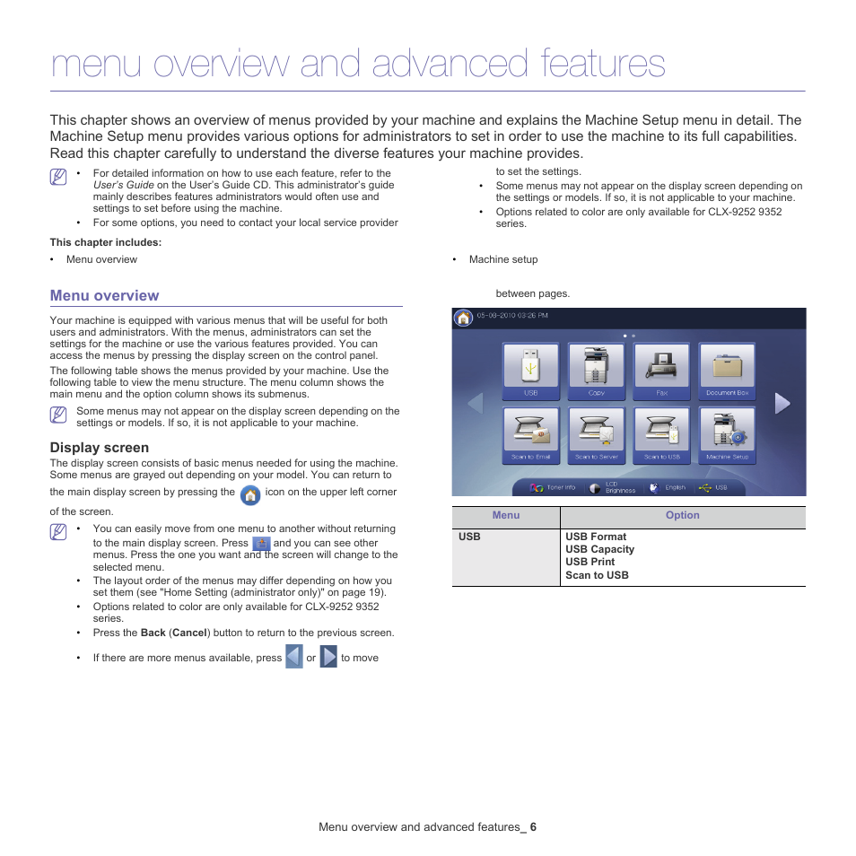 Menu overview and advanced features, Menu overview, Display screen | Samsung CLX-9250ND-XAA User Manual | Page 6 / 129