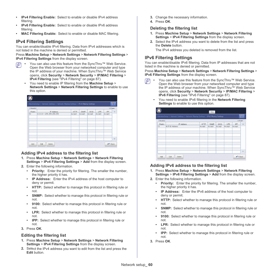 Ipv4 filtering settings, Ipv6 filtering settings | Samsung CLX-9250ND-XAA User Manual | Page 60 / 129