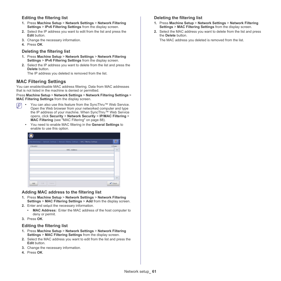 Mac filtering settings | Samsung CLX-9250ND-XAA User Manual | Page 61 / 129