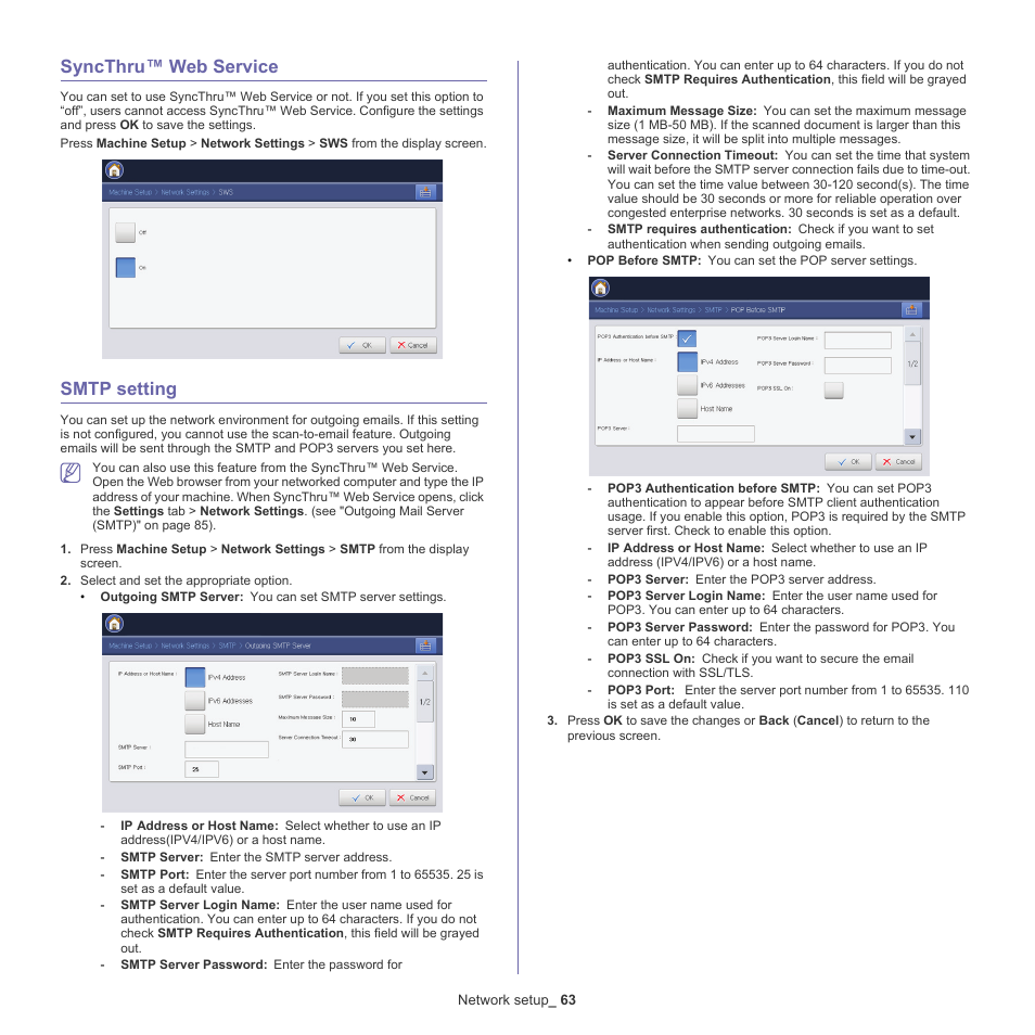 Syncthru™ web service, Smtp setting, Ngs (see "smtp setting | Samsung CLX-9250ND-XAA User Manual | Page 63 / 129