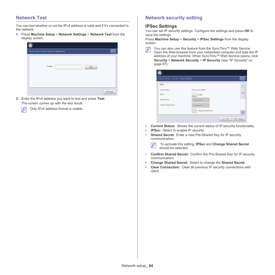 Network test, Network security setting, Ipsec settings | Samsung CLX-9250ND-XAA User Manual | Page 64 / 129