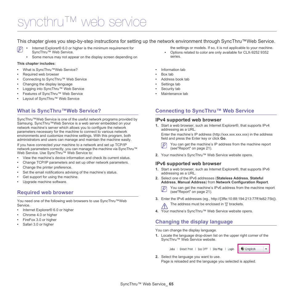 Syncthru™ web service, What is syncthru™web service, Required web browser | Connecting to syncthru™ web service, Ipv4 supported web browser, Ipv6 supported web browser, Changing the display language | Samsung CLX-9250ND-XAA User Manual | Page 65 / 129