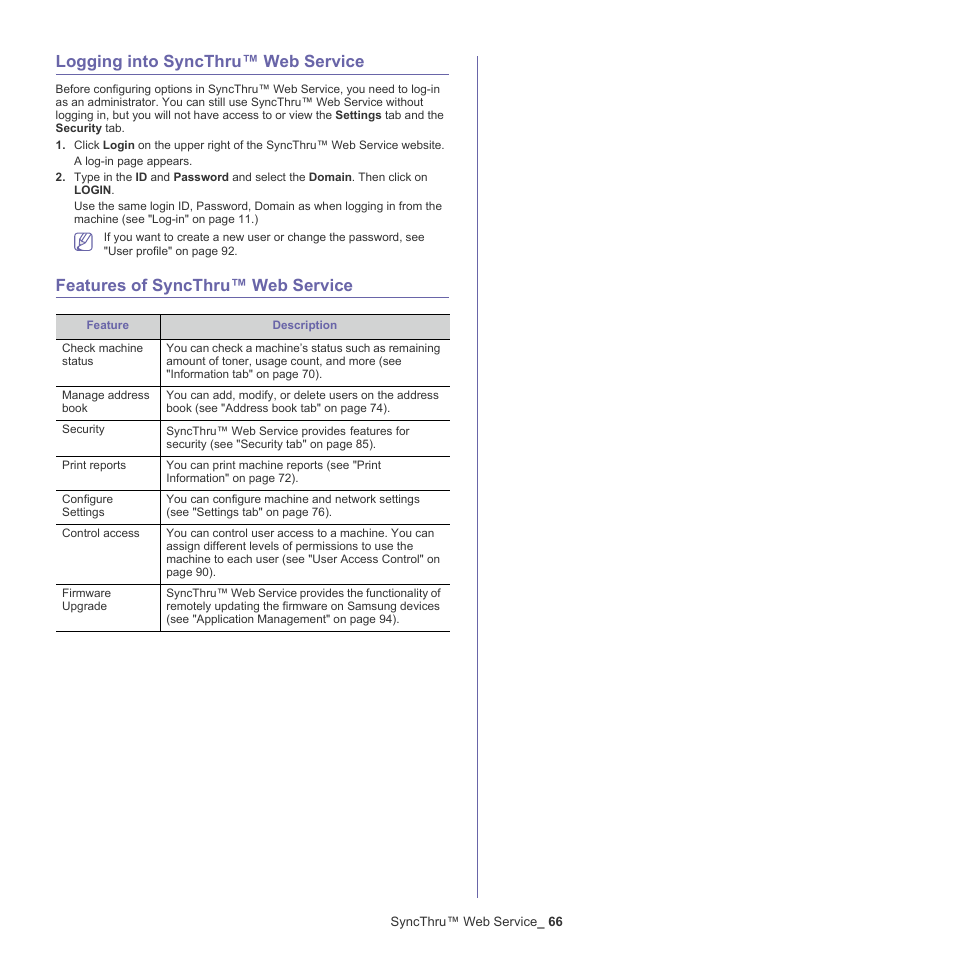 Logging into syncthru™ web service, Features of syncthru™ web service | Samsung CLX-9250ND-XAA User Manual | Page 66 / 129