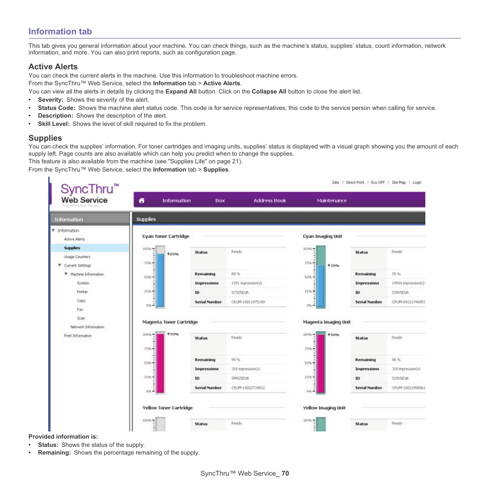 Information tab, Active alerts, Supplies | Supplies" on | Samsung CLX-9250ND-XAA User Manual | Page 70 / 129