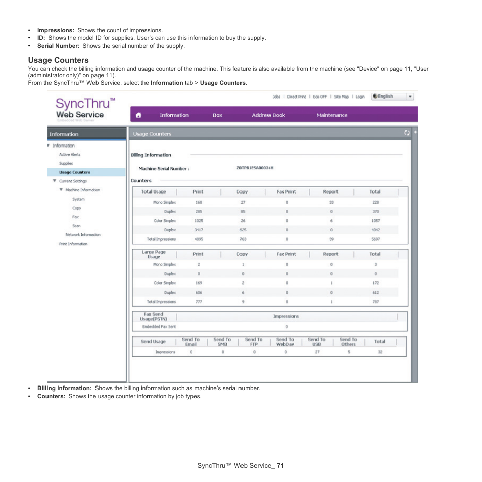 Usage counters, Usage counters" on | Samsung CLX-9250ND-XAA User Manual | Page 71 / 129
