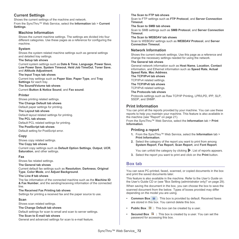 Current settings, Print information, Box tab | Print | Samsung CLX-9250ND-XAA User Manual | Page 72 / 129