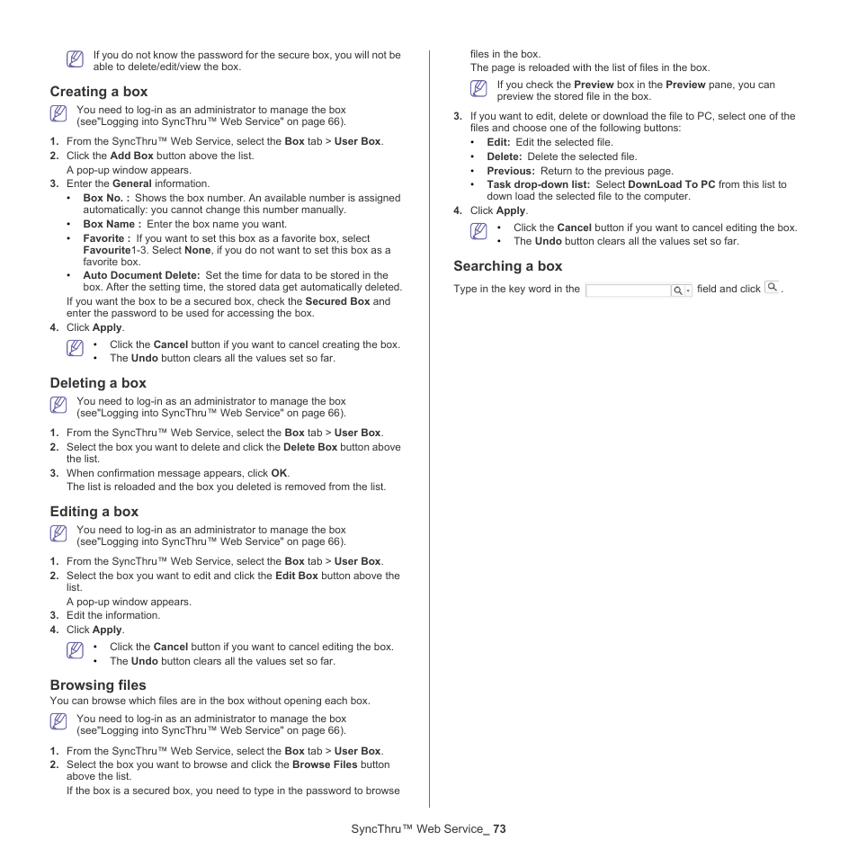 Creating a box, Deleting a box, Editing a box | Browsing files, Searching a box | Samsung CLX-9250ND-XAA User Manual | Page 73 / 129