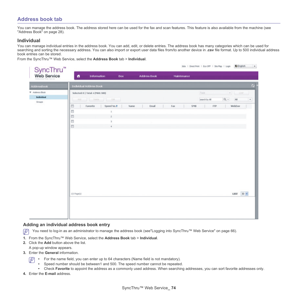 Address book tab, Individual | Samsung CLX-9250ND-XAA User Manual | Page 74 / 129