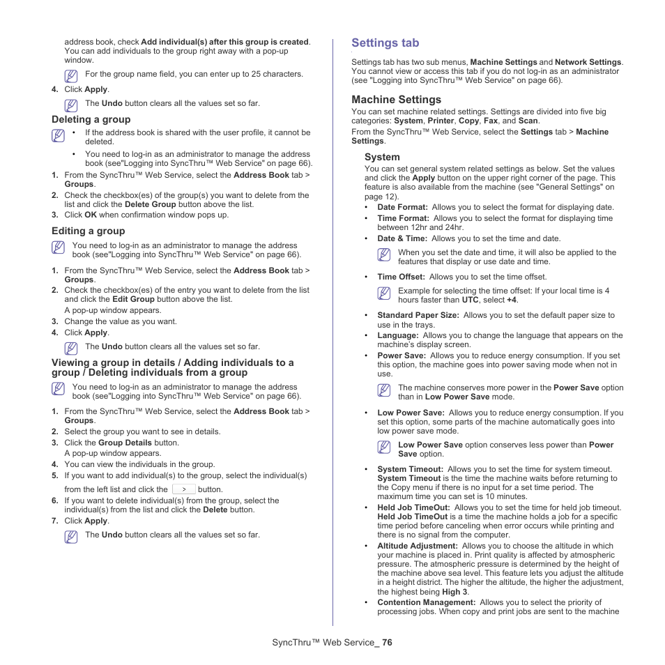 Settings tab, Machine settings, Deleting a group | Editing a group, System | Samsung CLX-9250ND-XAA User Manual | Page 76 / 129